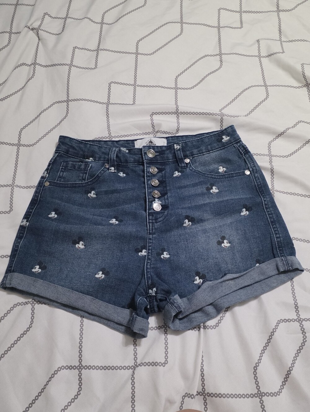 Disney Parks Juniors Blue Denim High-Rise Shorts with Mickey Motif Sz 7